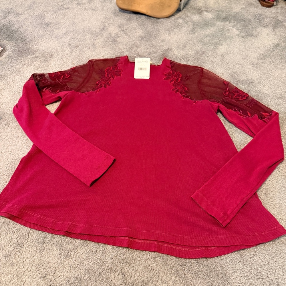 Free People Burgundy Long Sleeve Top with Lace